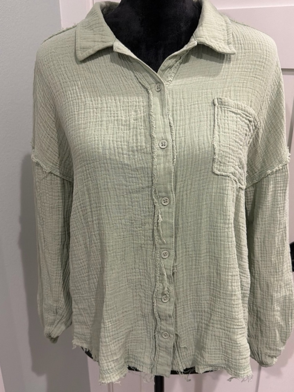 New in Relaxed Sage Button-Down Gauze Cotton Shirt Pull Up Sleeve Nautical Trave